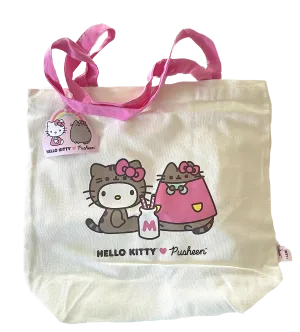 Hello Kitty Loves Pusheen Canvas Fabric Tote Bag, 8"x 11"x 3 "