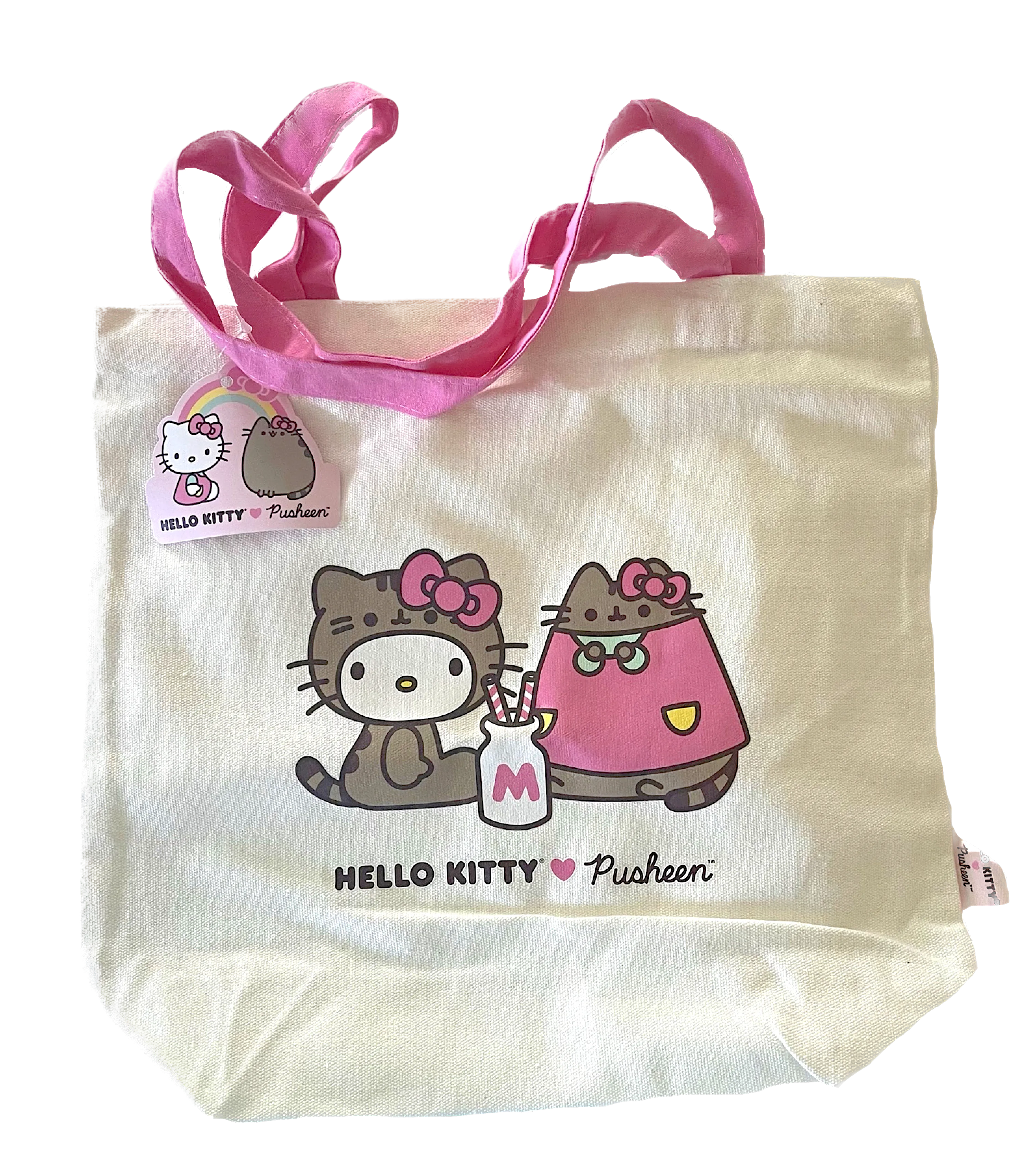 Hello Kitty Loves Pusheen Canvas Fabric Tote Bag, 8"x 11"x 3 "