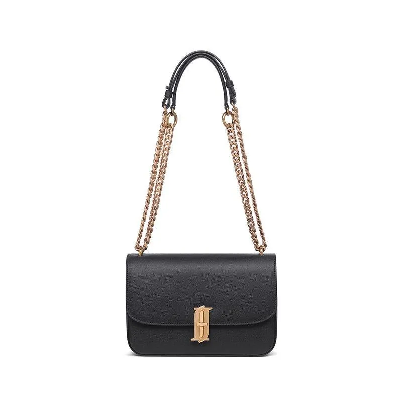J.ESTINA DELLA SM Shoulder Crossbody Tote Black Leather Metal Chain Adjustable Strap Minyoung Park PICK (JHNCHA2BF875BK010)