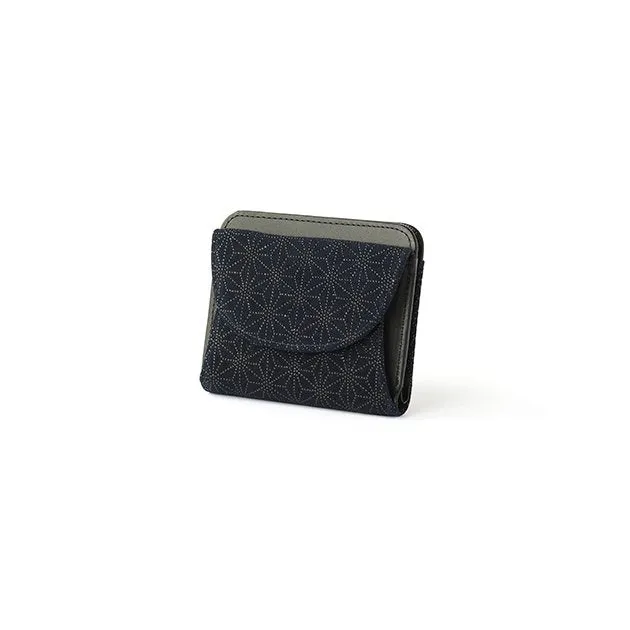 Koshu Inden Japanese Deerskin Leather with Urushi (Japanese Lacquer) Fold Wallet - Asanoha (hemp leaf) Pattern / Iron Blue - ,  Made in Japan,  Japanese Leather Wallet