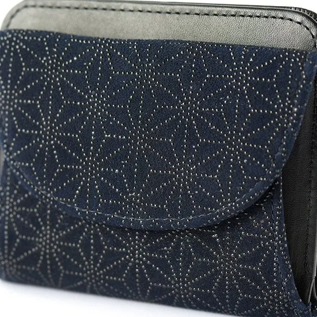 Koshu Inden Japanese Deerskin Leather with Urushi (Japanese Lacquer) Fold Wallet - Asanoha (hemp leaf) Pattern / Iron Blue - ,  Made in Japan,  Japanese Leather Wallet