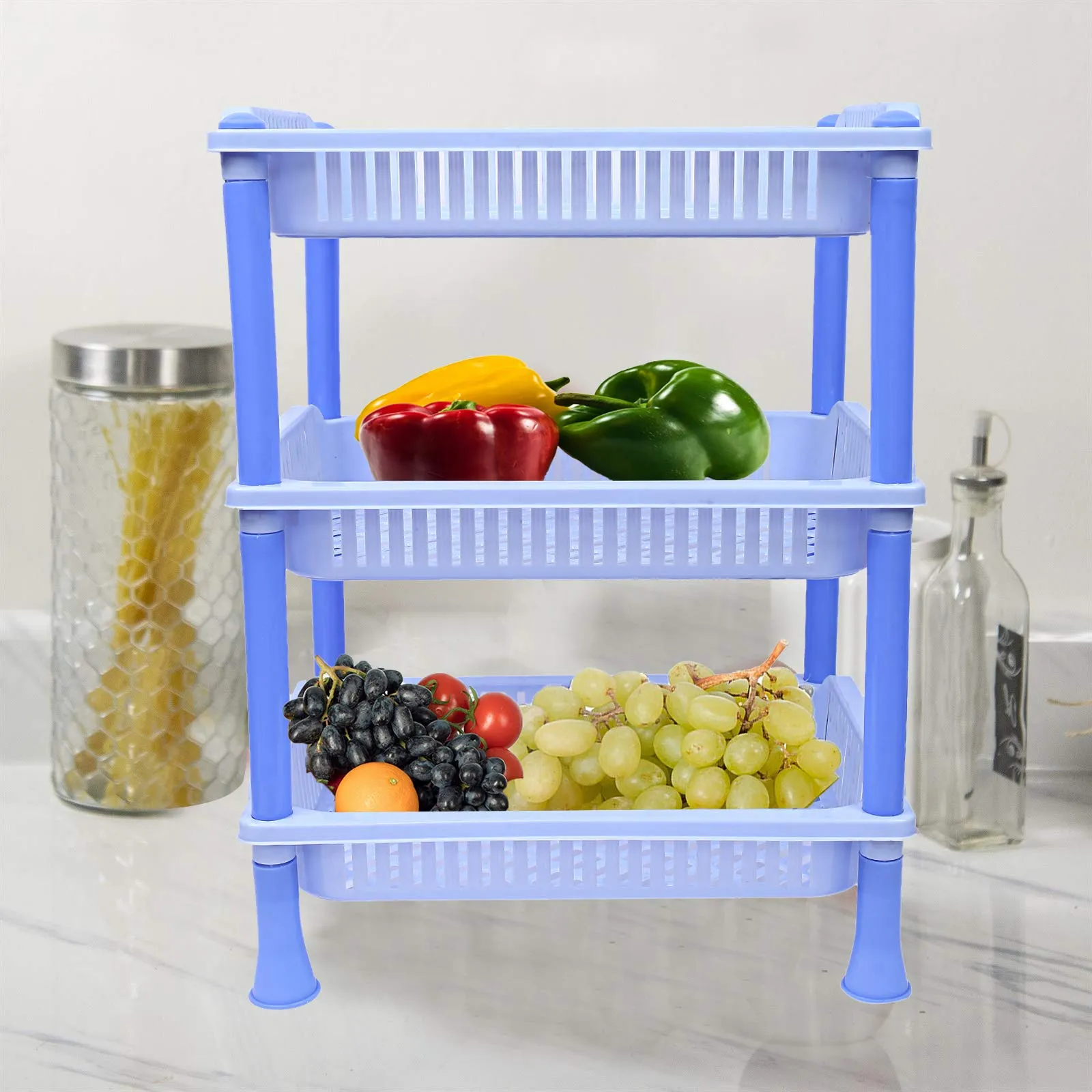 Kuber industries Plastic 2 Pieces 3 Layer Multi-Purpose Kitchen Storage Basket Rack (Blue)-CTKTC13249