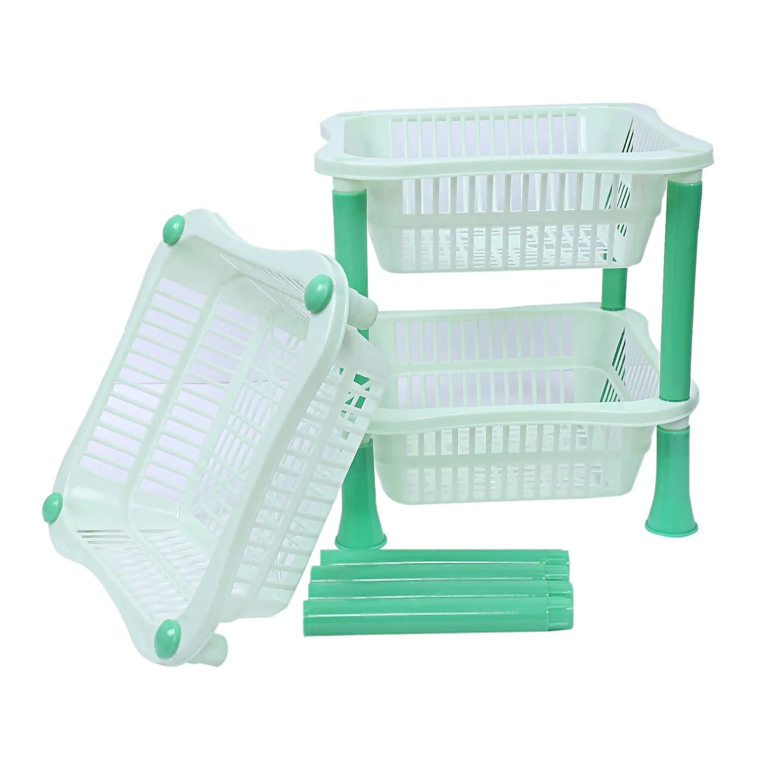 Kuber industries Plastic 2 Pieces 3 Layer Multi-Purpose Kitchen Storage Basket Rack (Green)-CTKTC13237