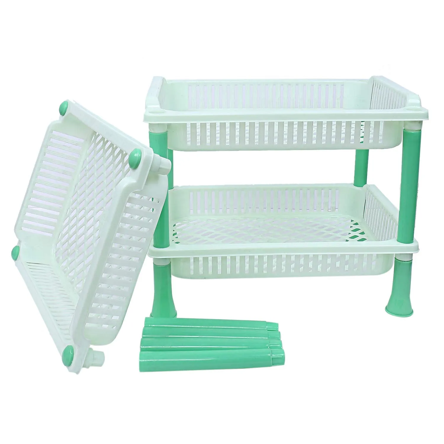 Kuber industries Plastic 2 Pieces 3 Layer Multi-Purpose Kitchen Storage Basket Rack (Green)-CTKTC13257