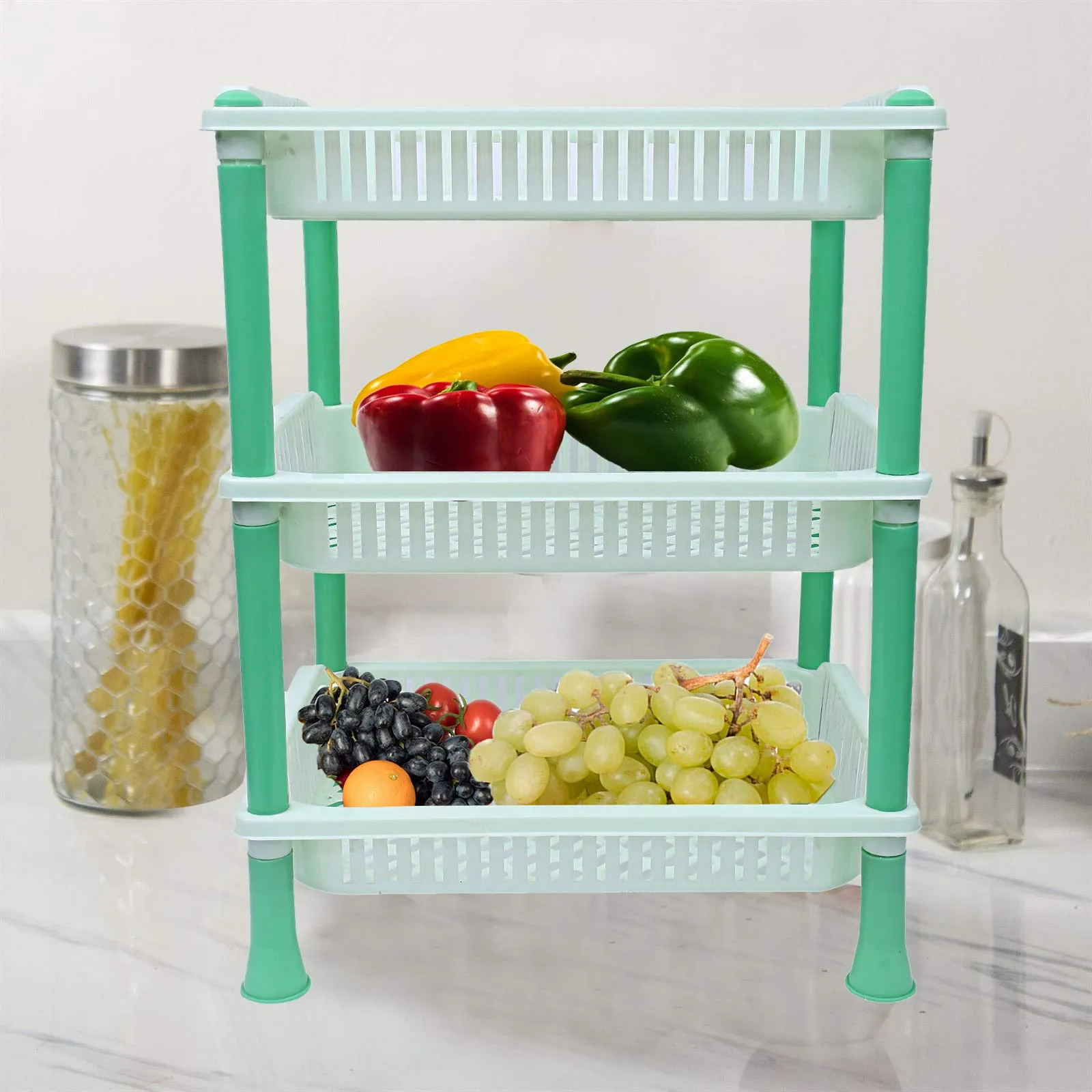 Kuber industries Plastic 2 Pieces 3 Layer Multi-Purpose Kitchen Storage Basket Rack (Green)-CTKTC13257