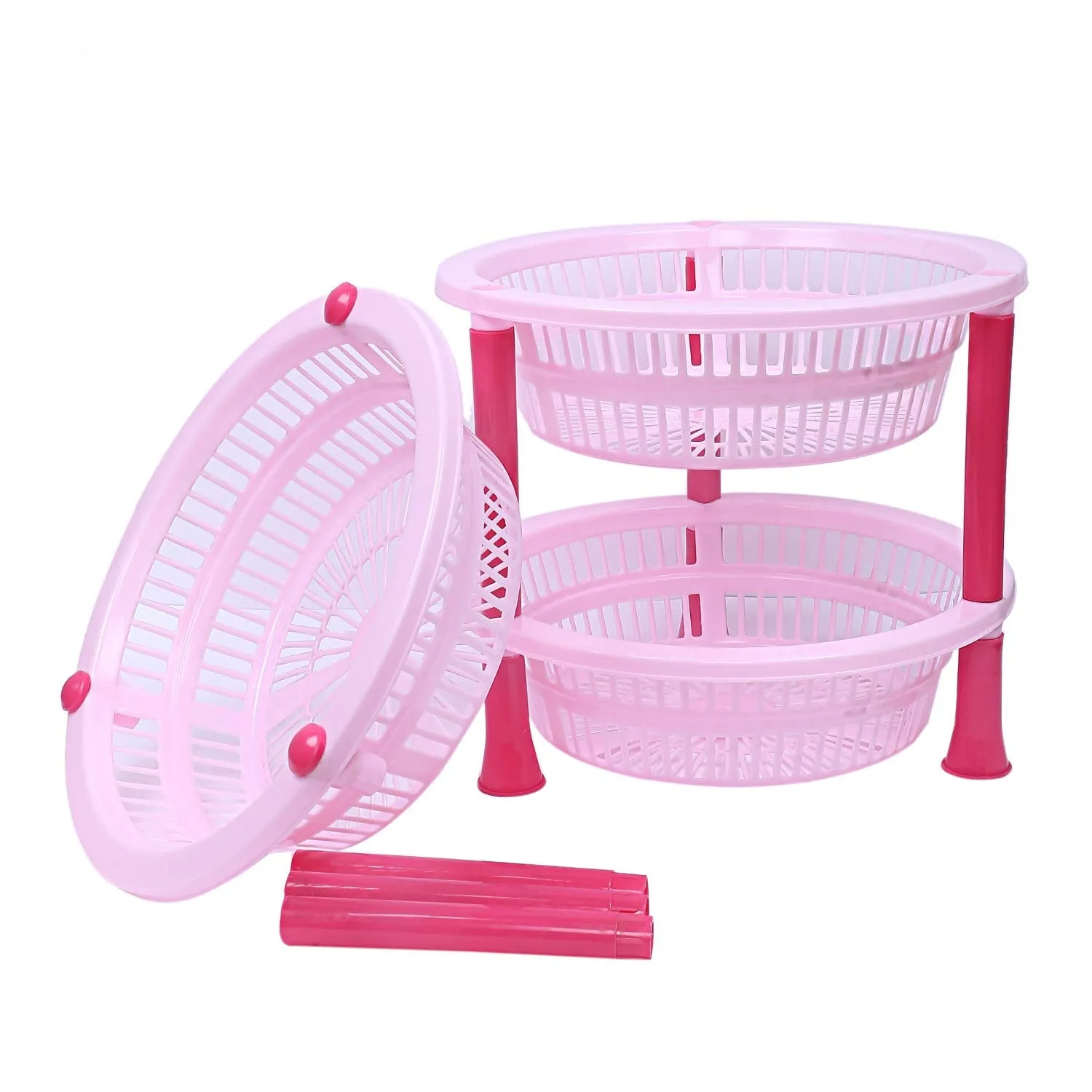 Kuber industries Plastic 2 Pieces 3 Layer Multi-Purpose Kitchen Storage Basket Rack (Pink)-CTKTC13193