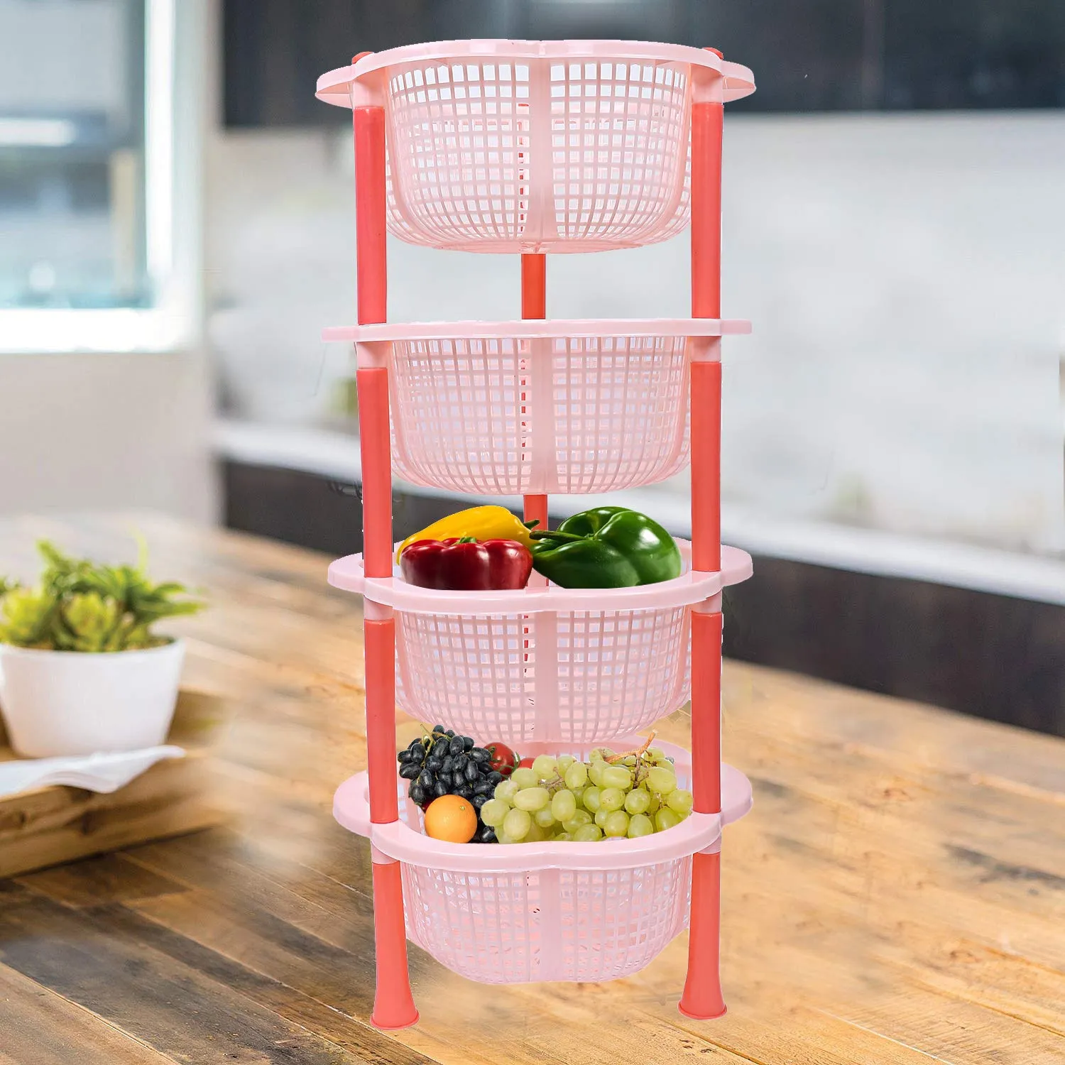 Kuber industries Plastic 2 Pieces 4 Layer Multi-Purpose Kitchen Storage Basket Rack (Beige)-CTKTC13222