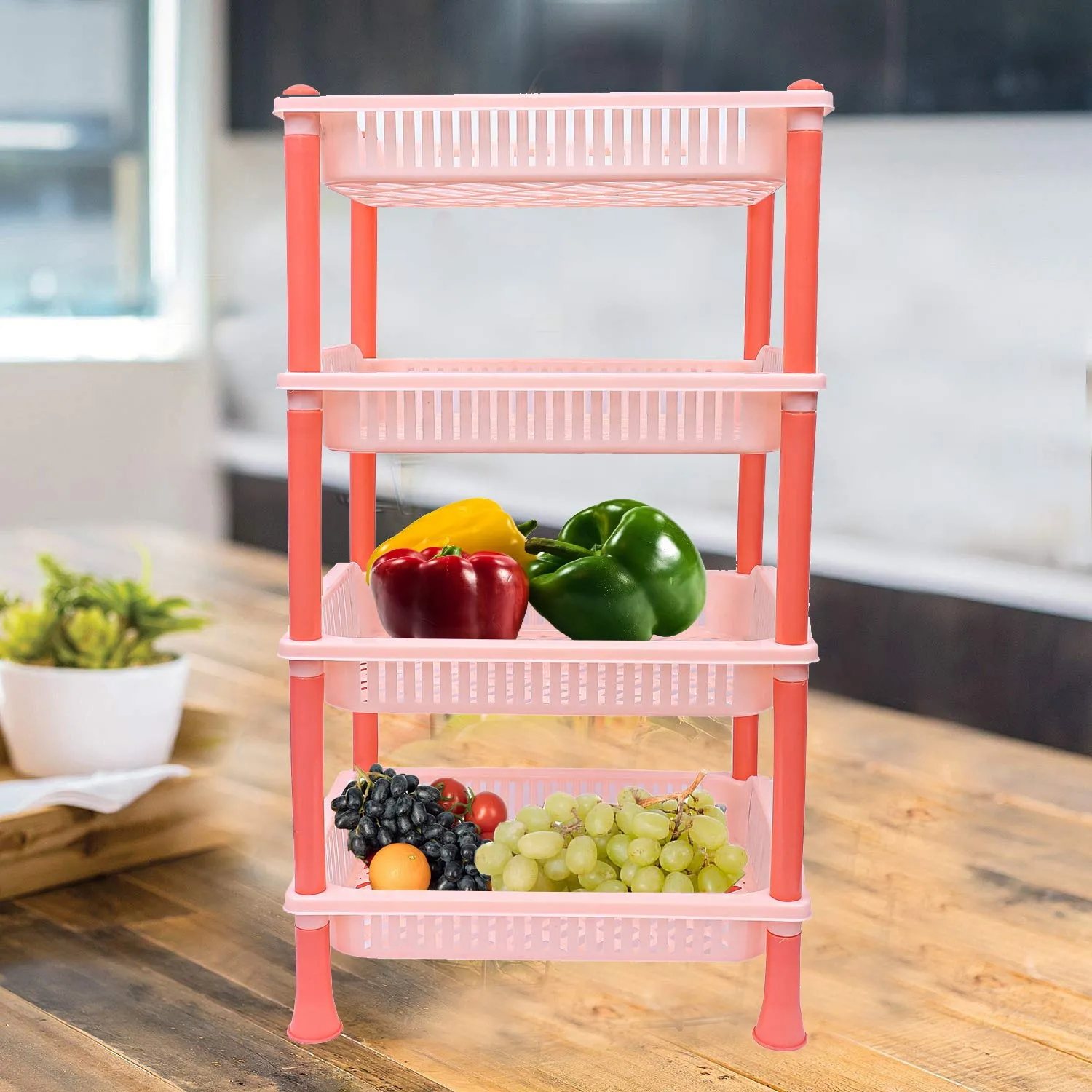 Kuber Industries Plastic 2 Pieces 4 Layer Multi-Purpose Kitchen Storage Basket Rack (Beige)-Ctktc25280
