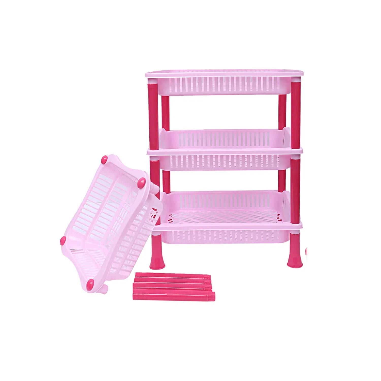 Kuber Industries Plastic 2 Pieces 4 Layer Multi-Purpose Kitchen Storage Basket Rack (Pink)-Ctktc13278
