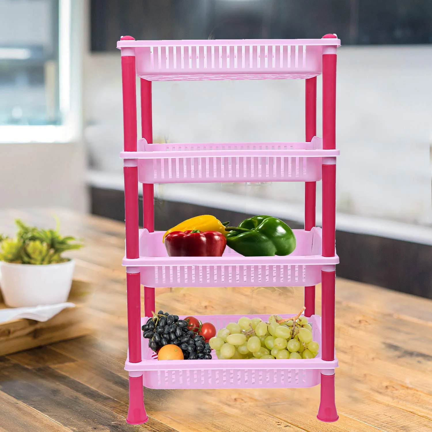Kuber Industries Plastic 2 Pieces 4 Layer Multi-Purpose Kitchen Storage Basket Rack (Pink)-Ctktc13278
