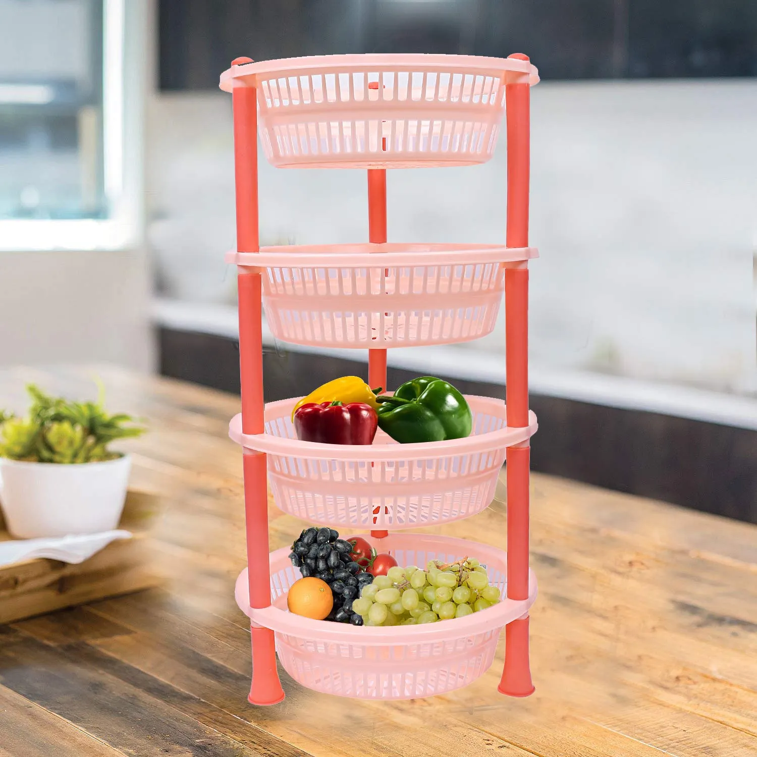 Kuber Industries Plastic 4 Layer Multi-Purpose Kitchen Storage Basket Rack (Beige)-Ctktc13208