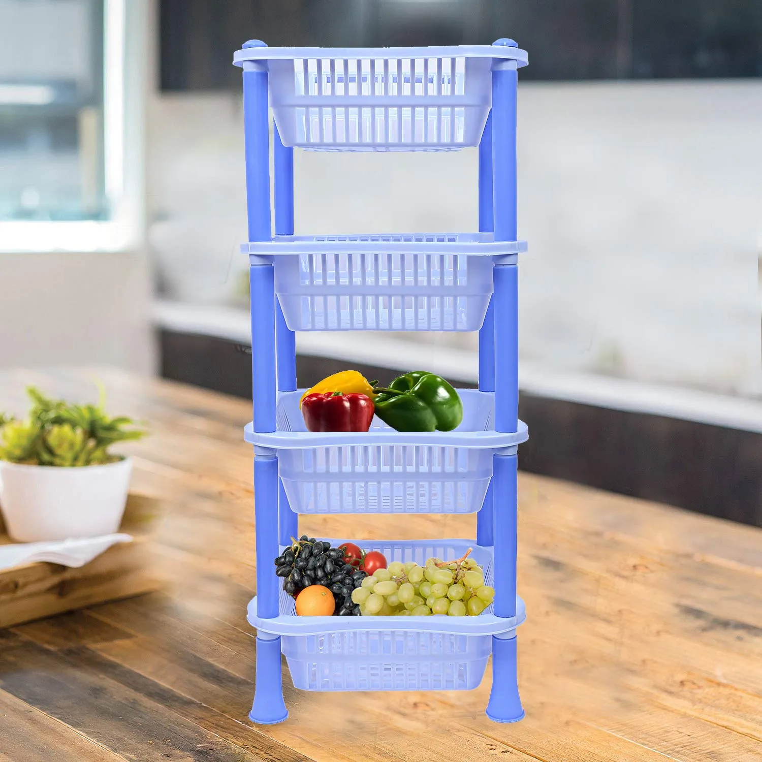 Kuber industries Plastic 4 Layer Multi-Purpose Kitchen Storage Basket Rack (Blue)-CTKTC25267