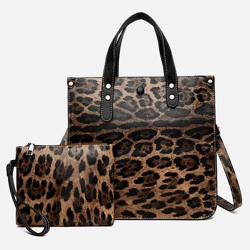 Leopard Print Tote Bag Set For Women Leather Handbag