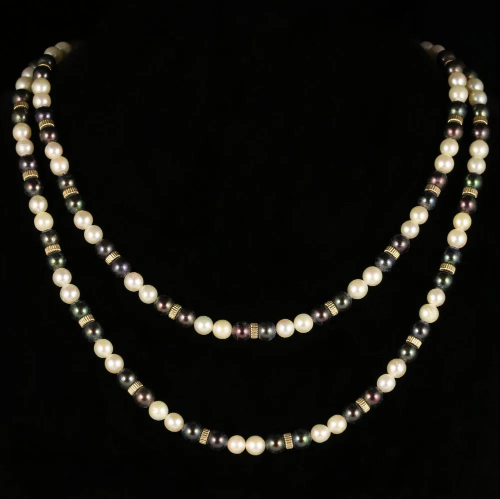 Long Pearl Necklace 14K Gold Clasp Black And White Pearl