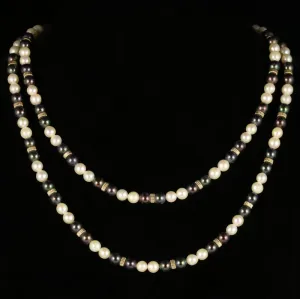 Long Pearl Necklace 14K Gold Clasp Black And White Pearl
