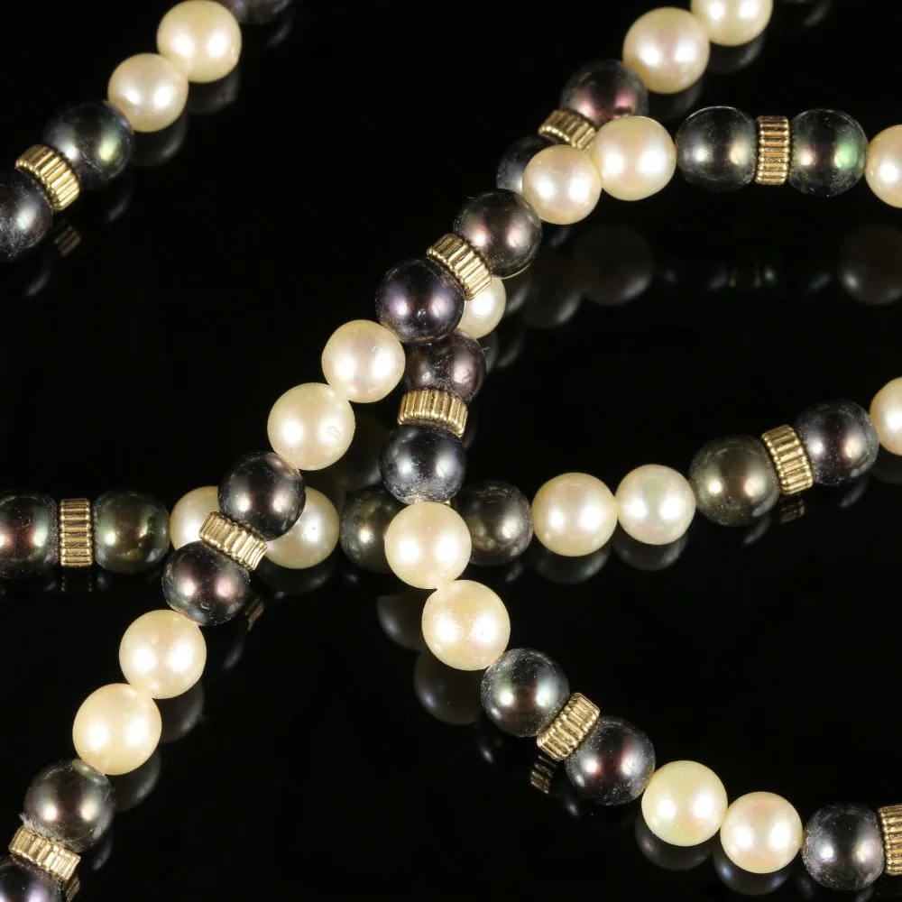 Long Pearl Necklace 14K Gold Clasp Black And White Pearl