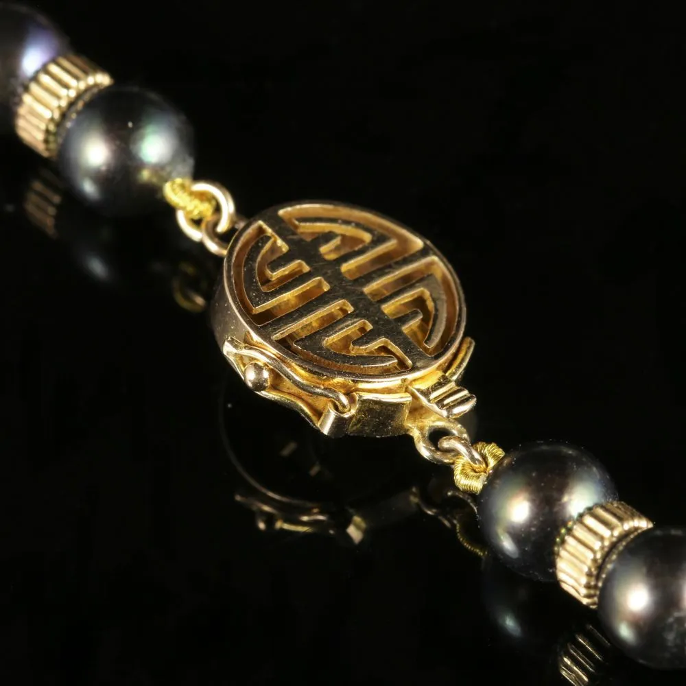 Long Pearl Necklace 14K Gold Clasp Black And White Pearl