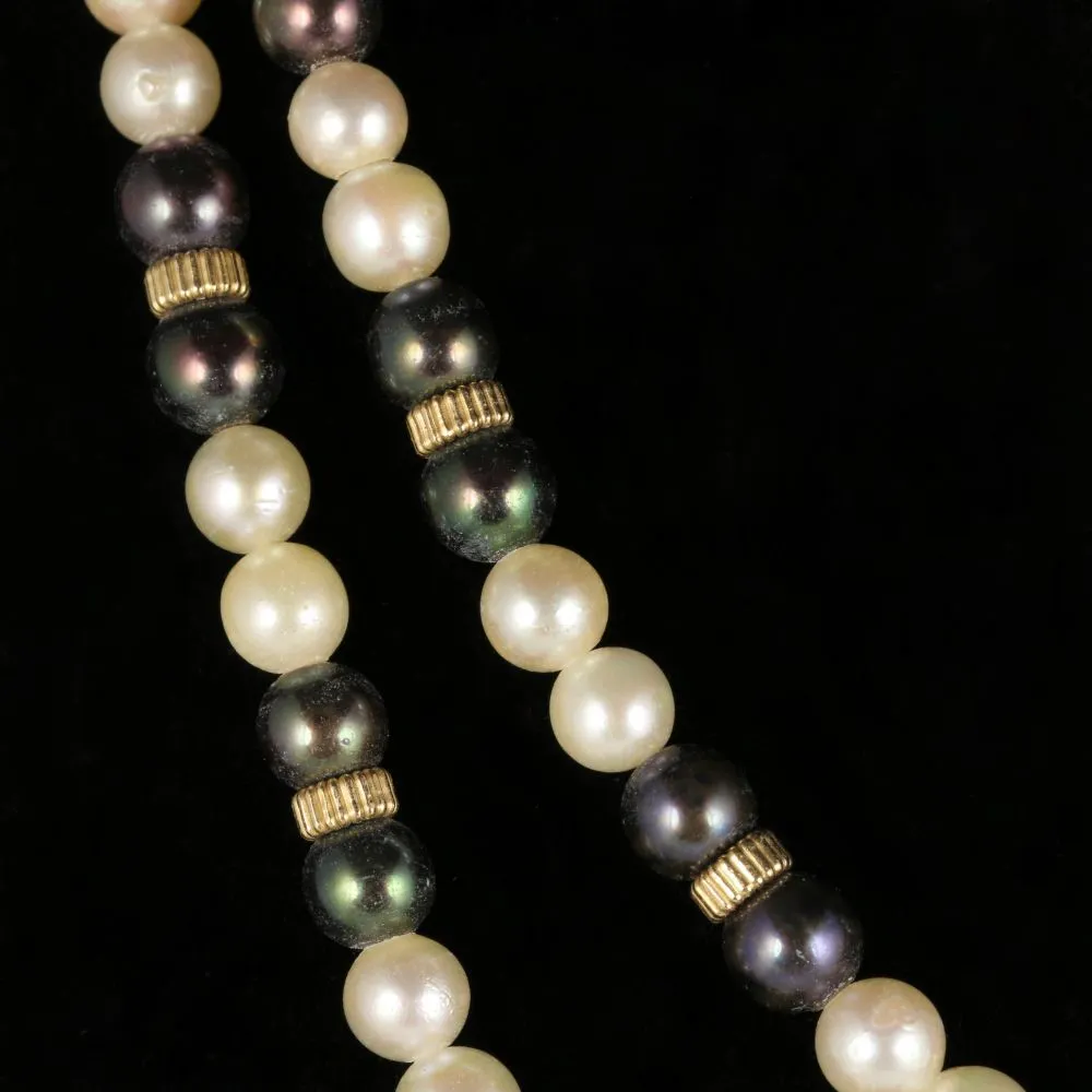 Long Pearl Necklace 14K Gold Clasp Black And White Pearl