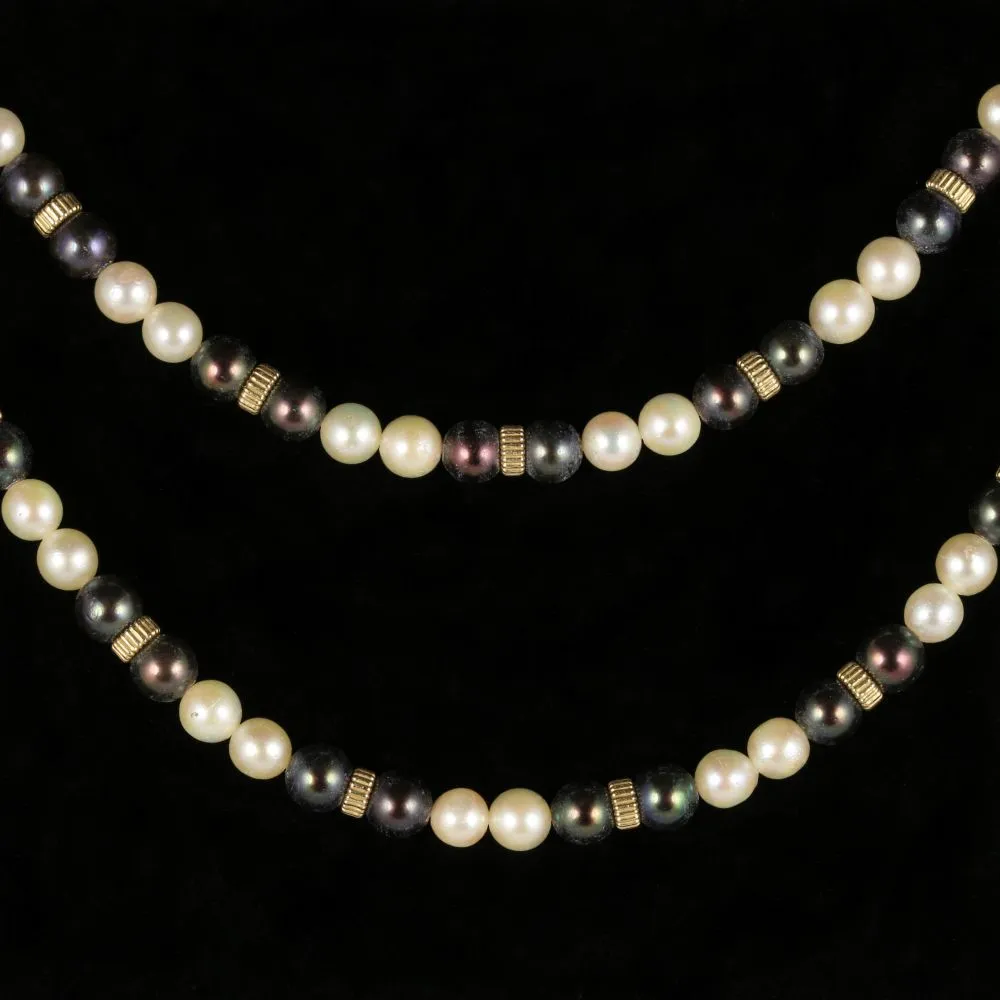 Long Pearl Necklace 14K Gold Clasp Black And White Pearl
