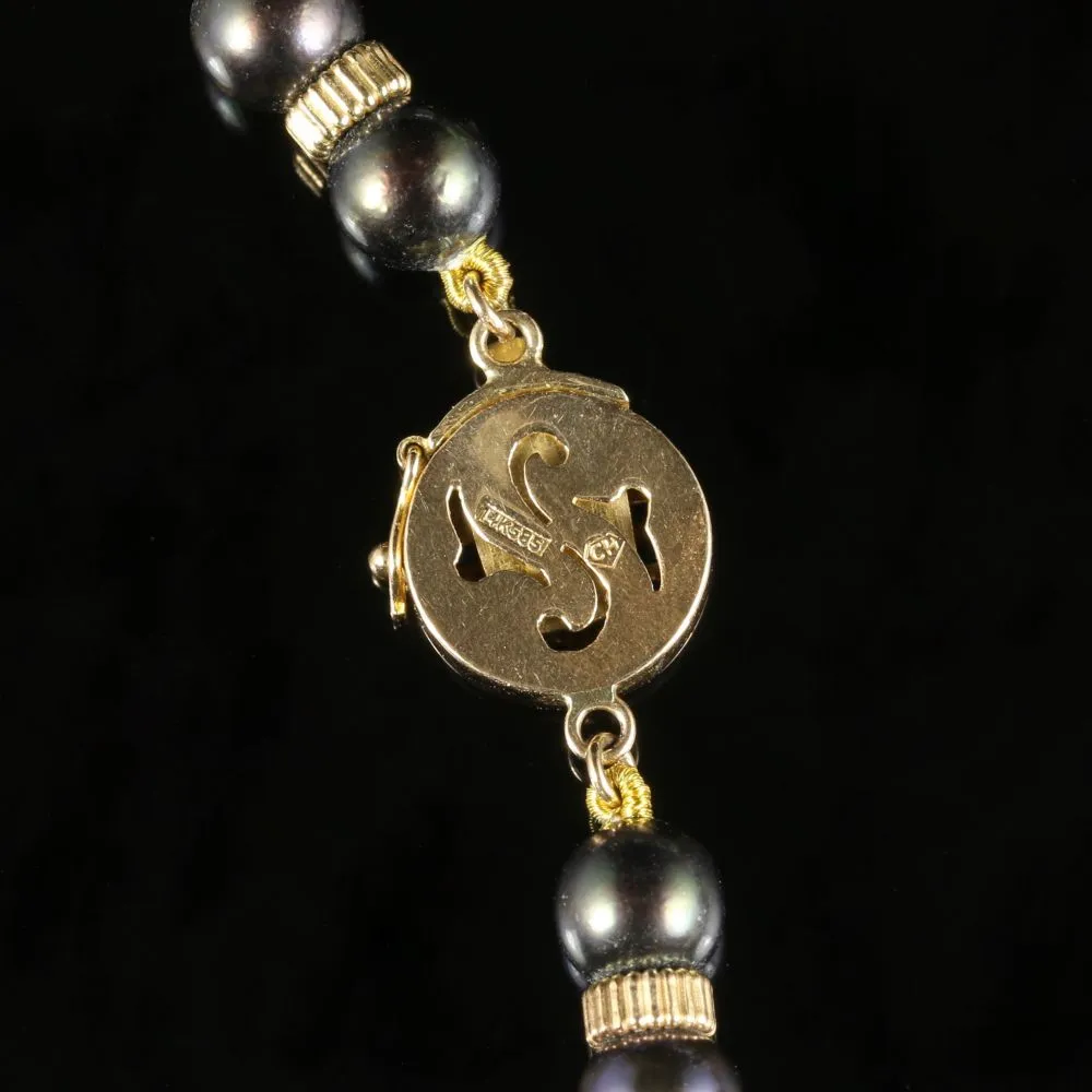 Long Pearl Necklace 14K Gold Clasp Black And White Pearl