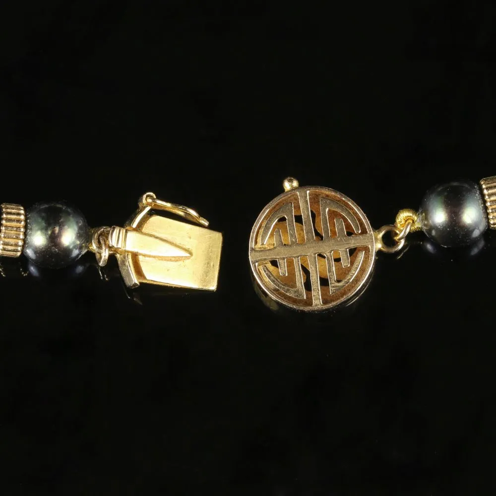 Long Pearl Necklace 14K Gold Clasp Black And White Pearl