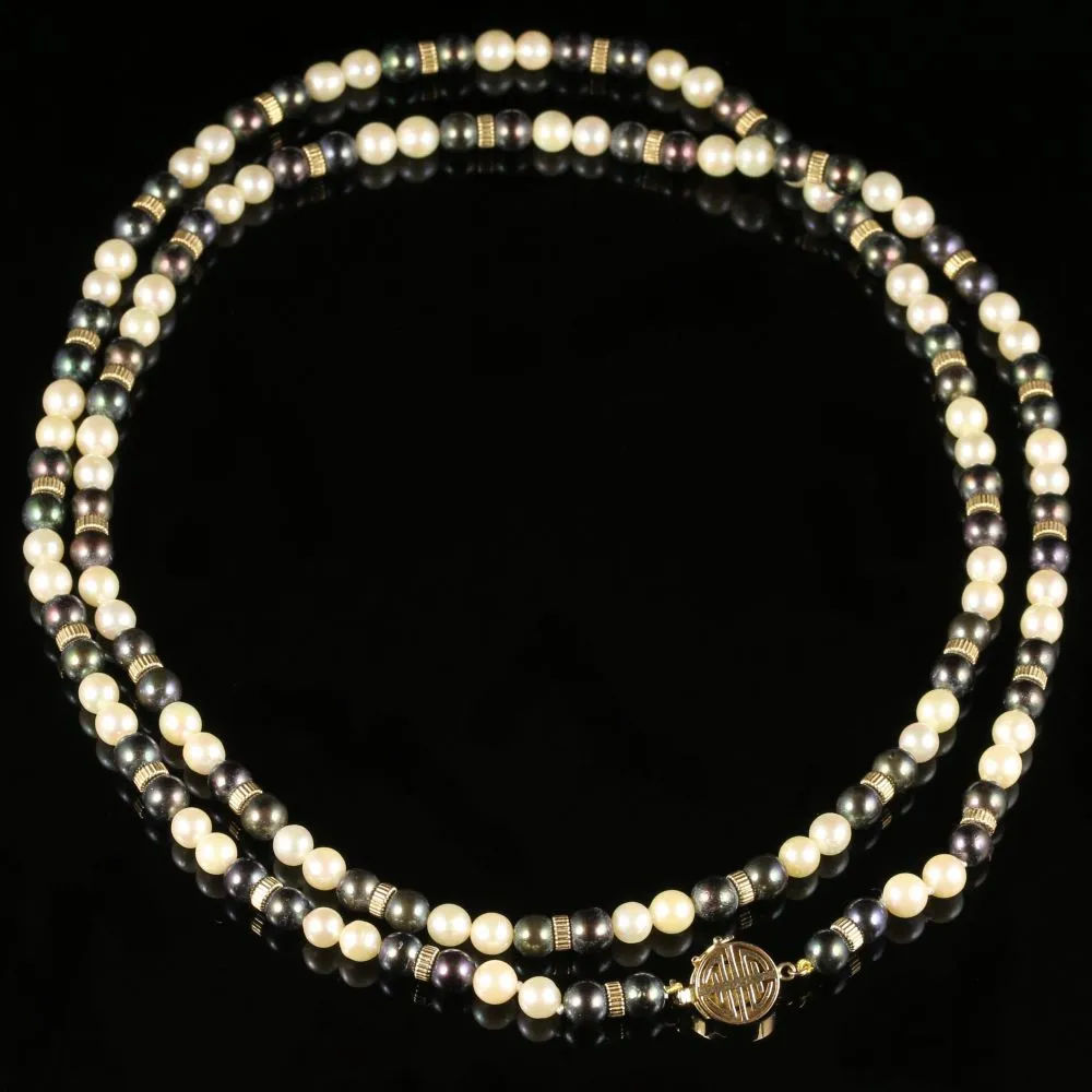 Long Pearl Necklace 14K Gold Clasp Black And White Pearl