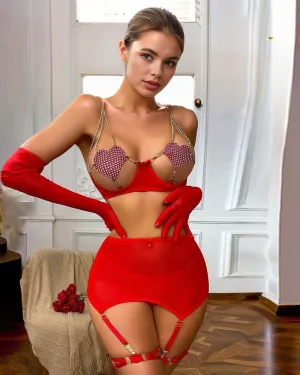 Love Heart Chain Mesh 5PCS Lingerie Set