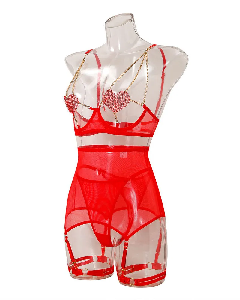 Love Heart Chain Mesh 5PCS Lingerie Set