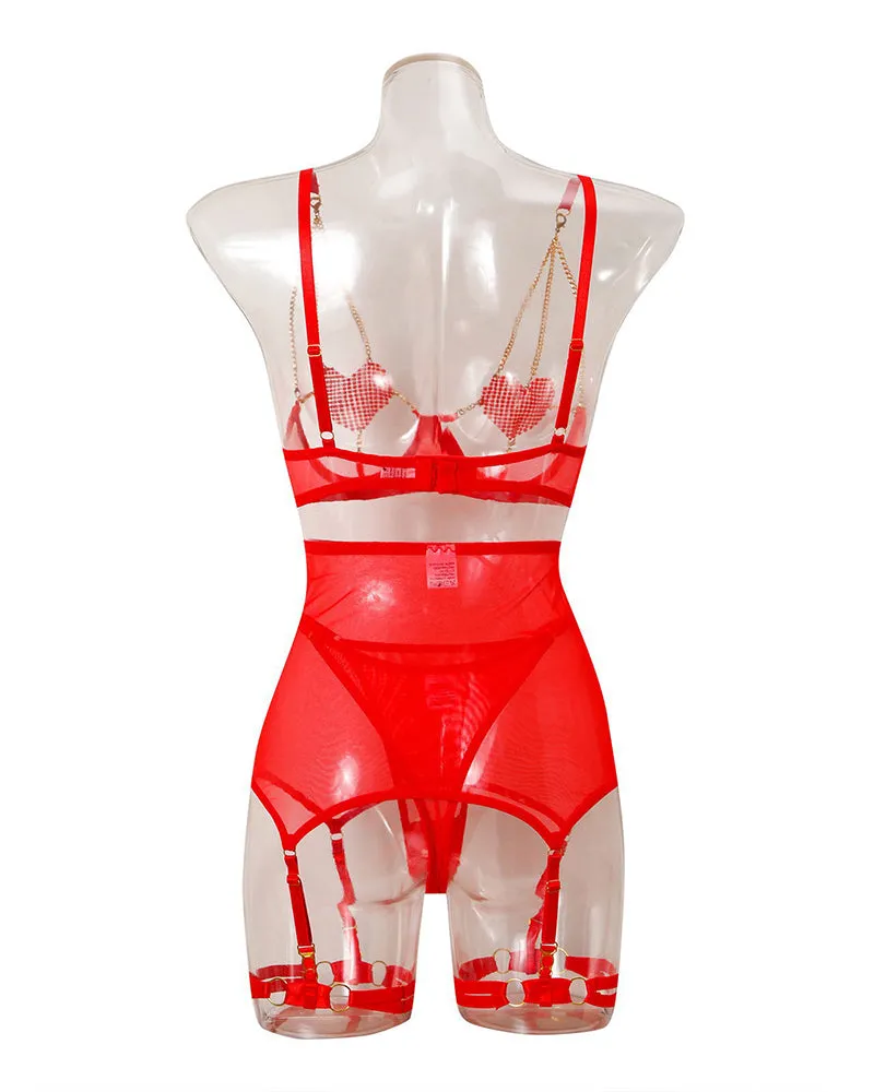 Love Heart Chain Mesh 5PCS Lingerie Set