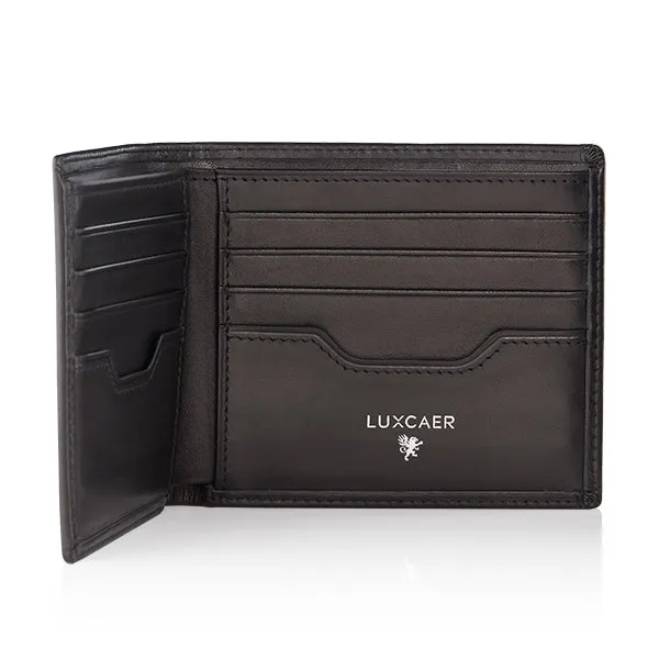 Luxury calfskin leather wallet in black - 8 card slot
