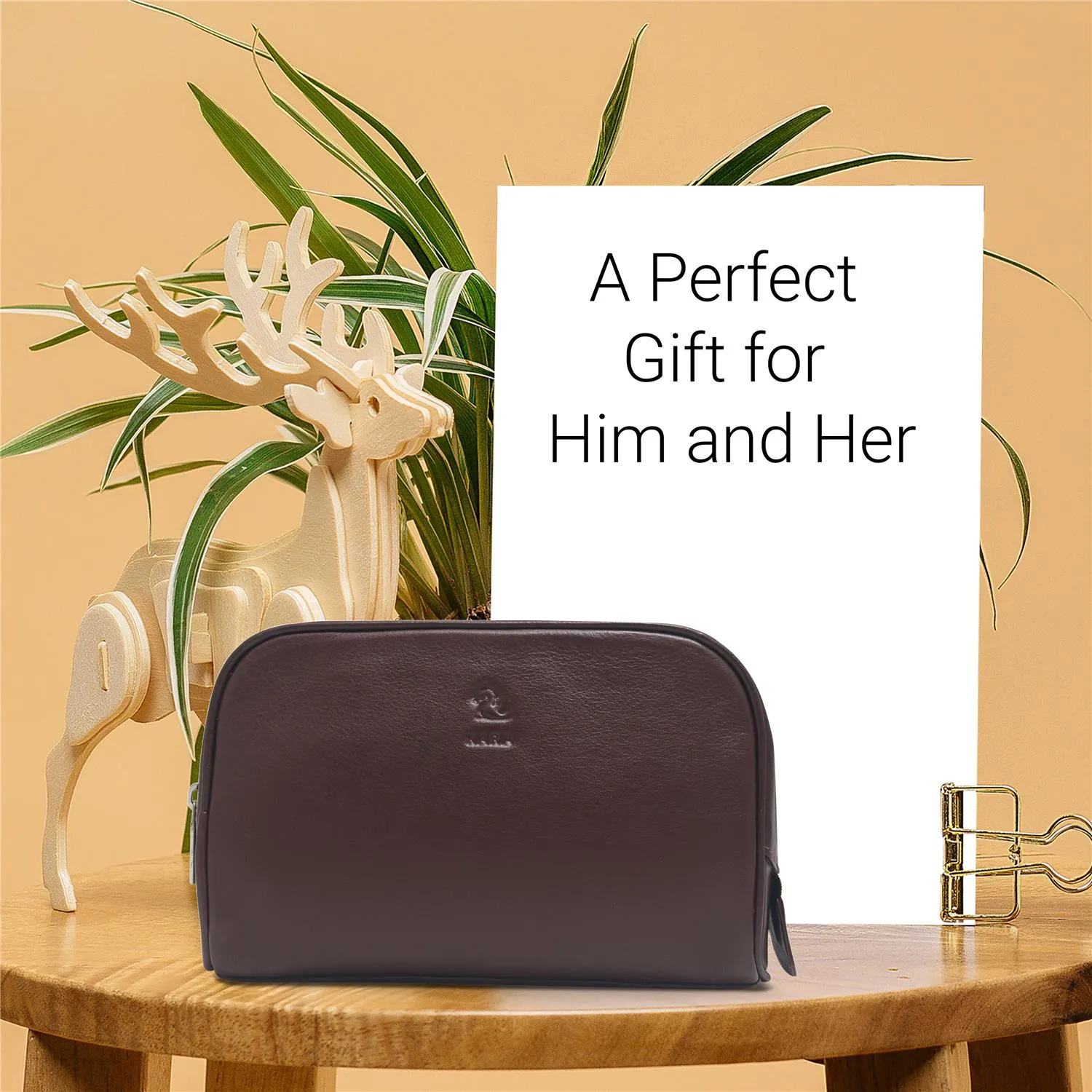 Malia Tan Leather Wash Bag for Men and Women