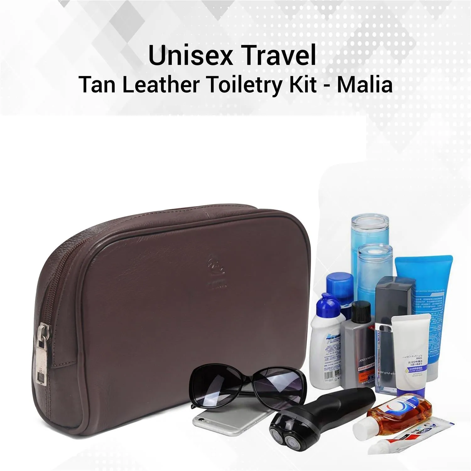 Malia Tan Leather Wash Bag for Men and Women