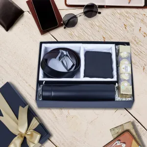 Mens Utility Gift : Leather Belt, Wallet, Flask Bottle & Ferrero Rocher