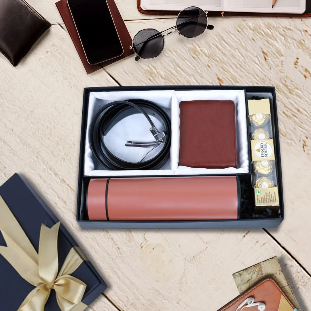 Mens Utility Gift : Leather Belt, Wallet, Flask Bottle & Ferrero Rocher