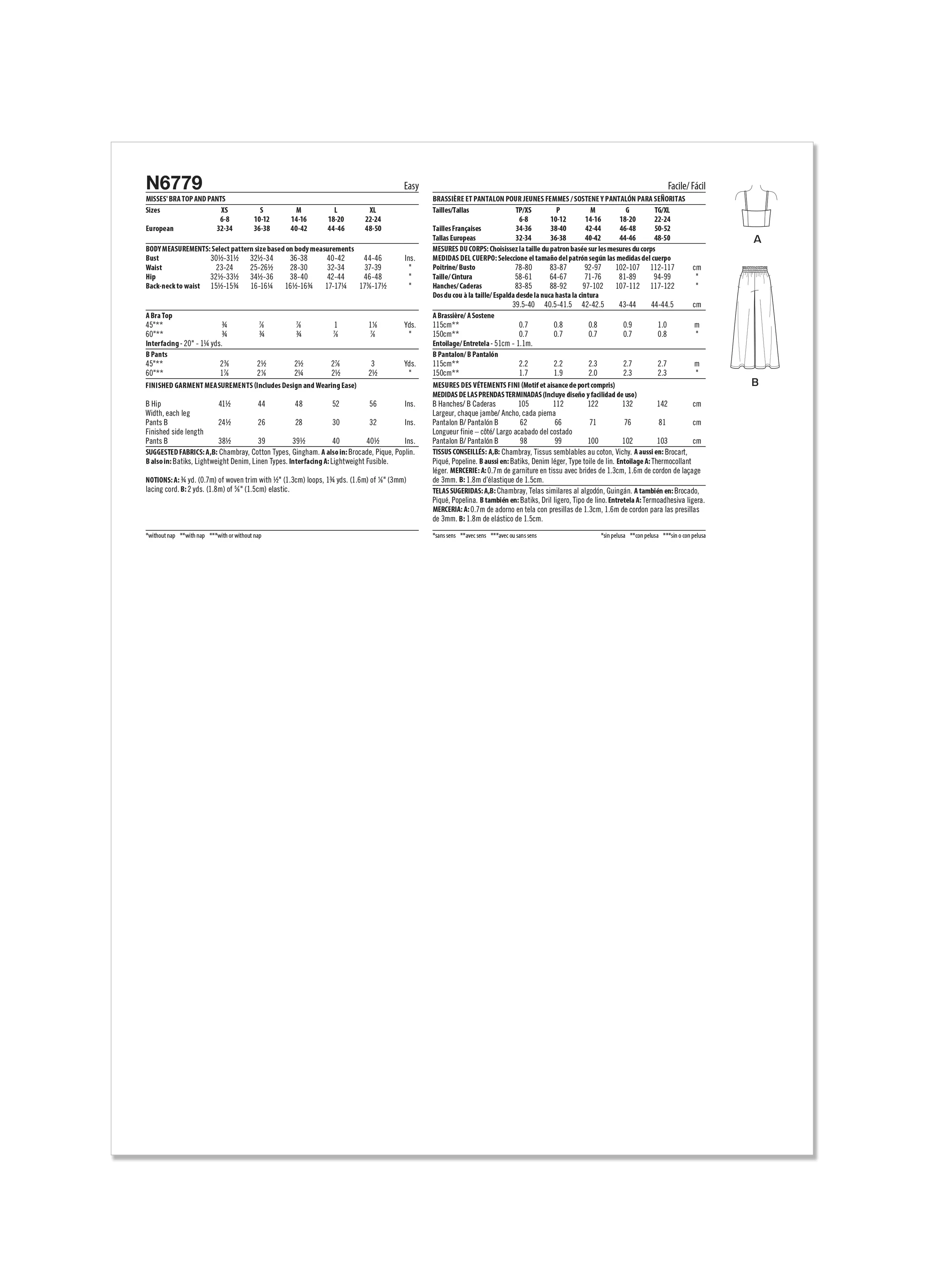 Newlook Pattern 6779 Misses' Bra Top and Pants