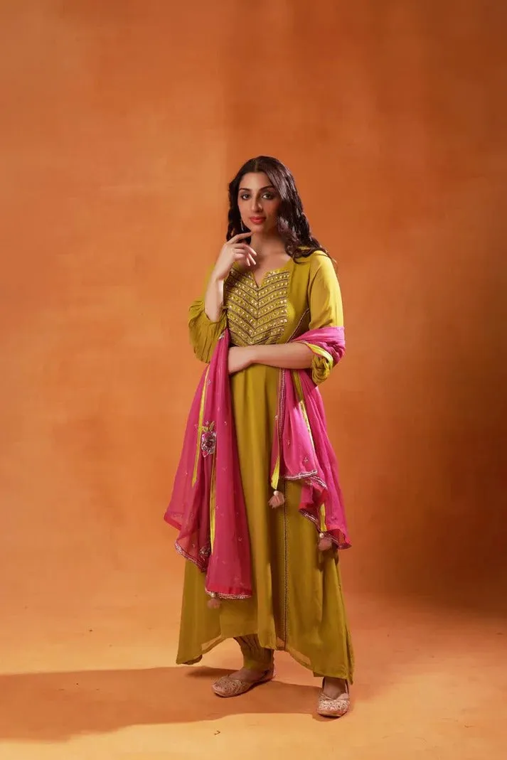 olive green and pink embroidered salwar kameez set