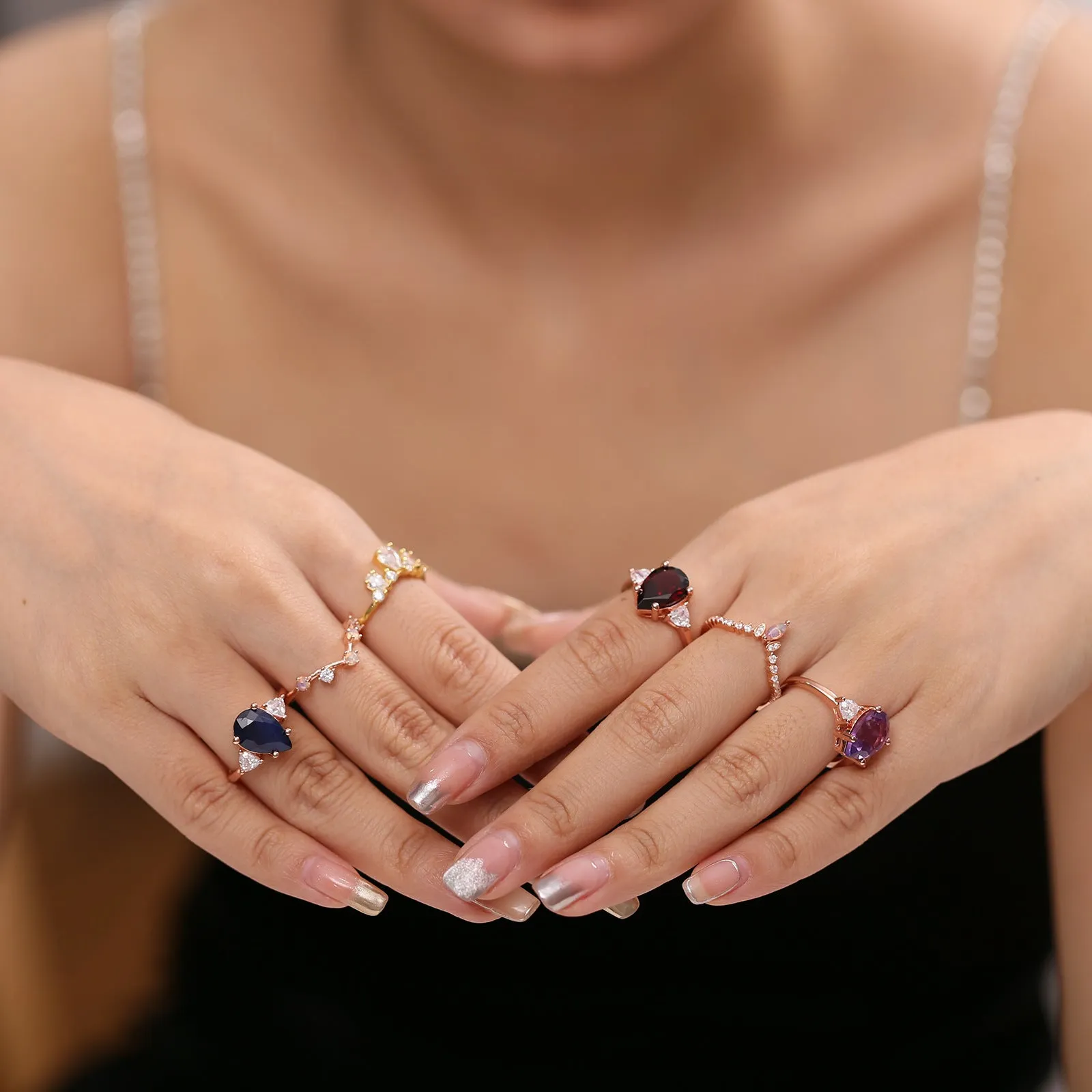 Pear Shape Natural Garnet Rose Gold Silver Ring