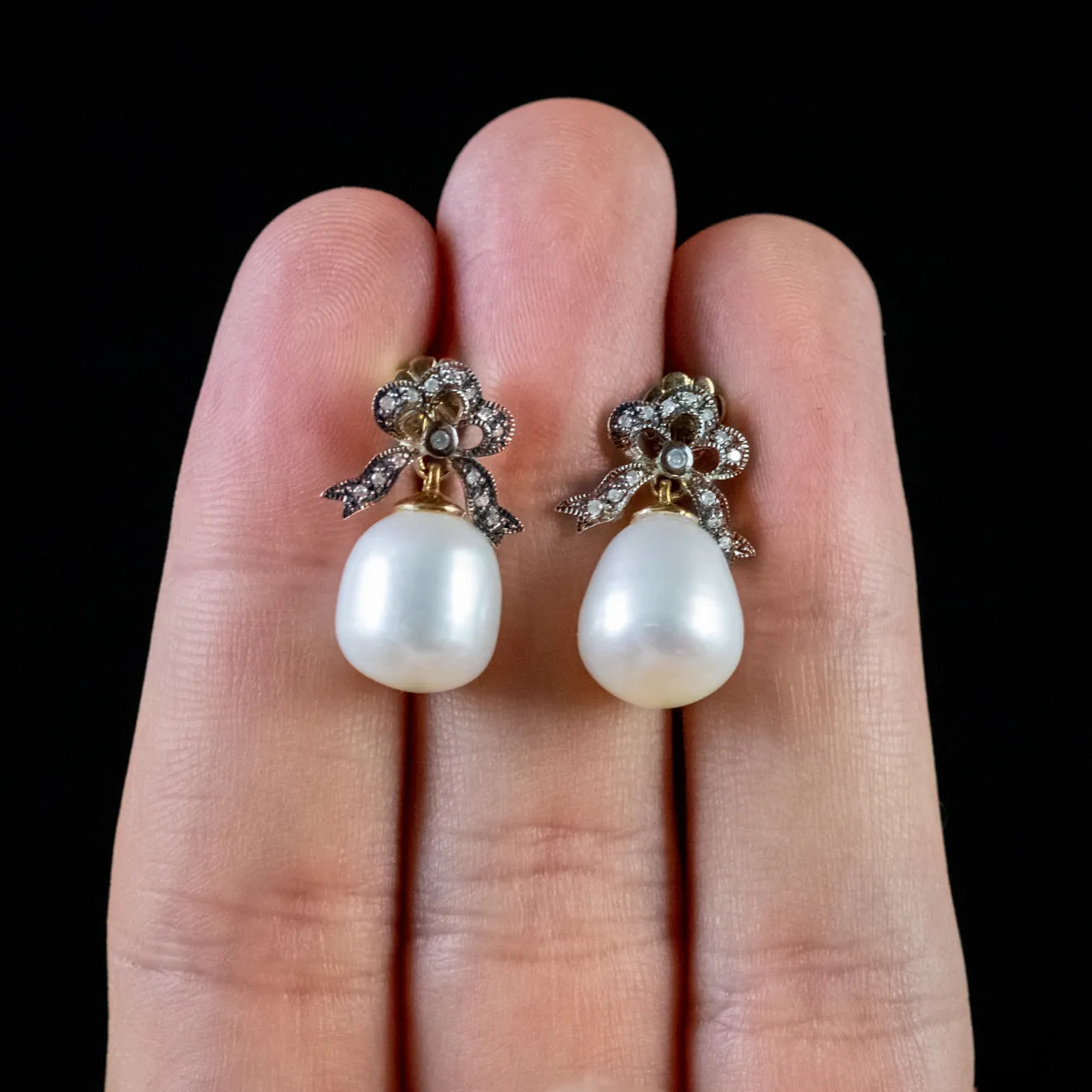 Pearl Drop Earrings Diamond 18Ct Gold On Silver