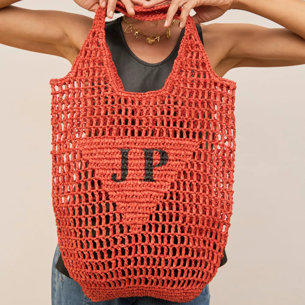 Personalised Woven Raffia Bag - Black & Tan