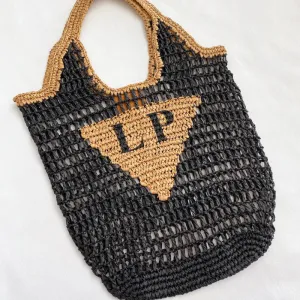 Personalised Woven Raffia Bag - Black & Tan