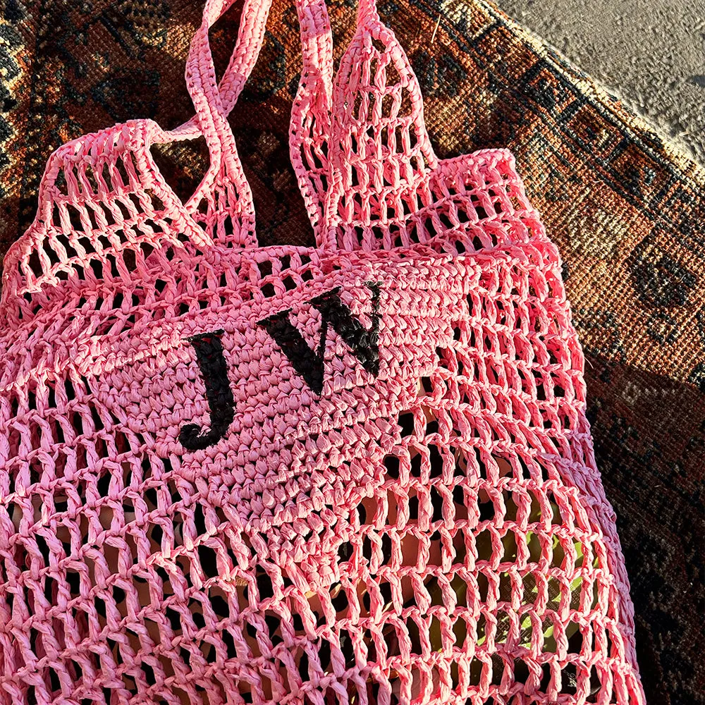 Personalised Woven Raffia Bag - Pink