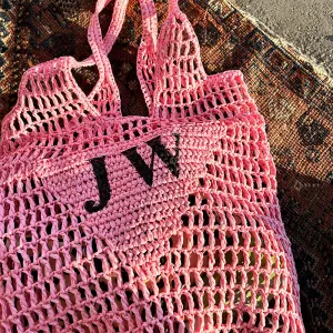 Personalised Woven Raffia Bag - Pink