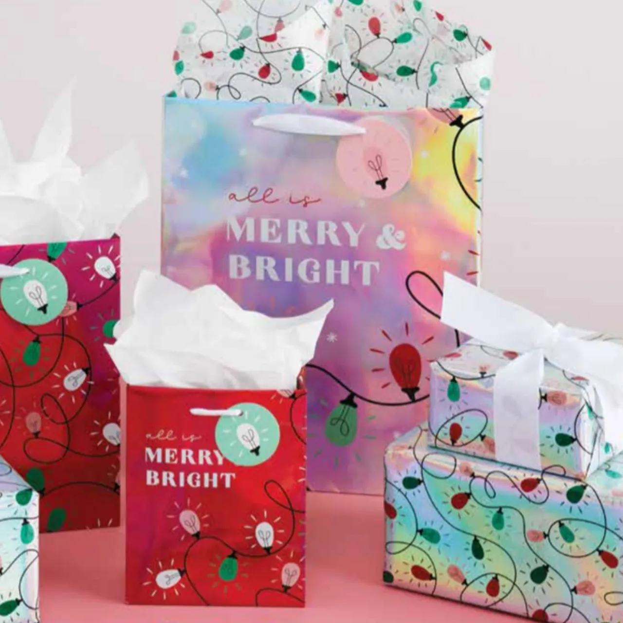 Pink And Green String Of Lights Gift Bags