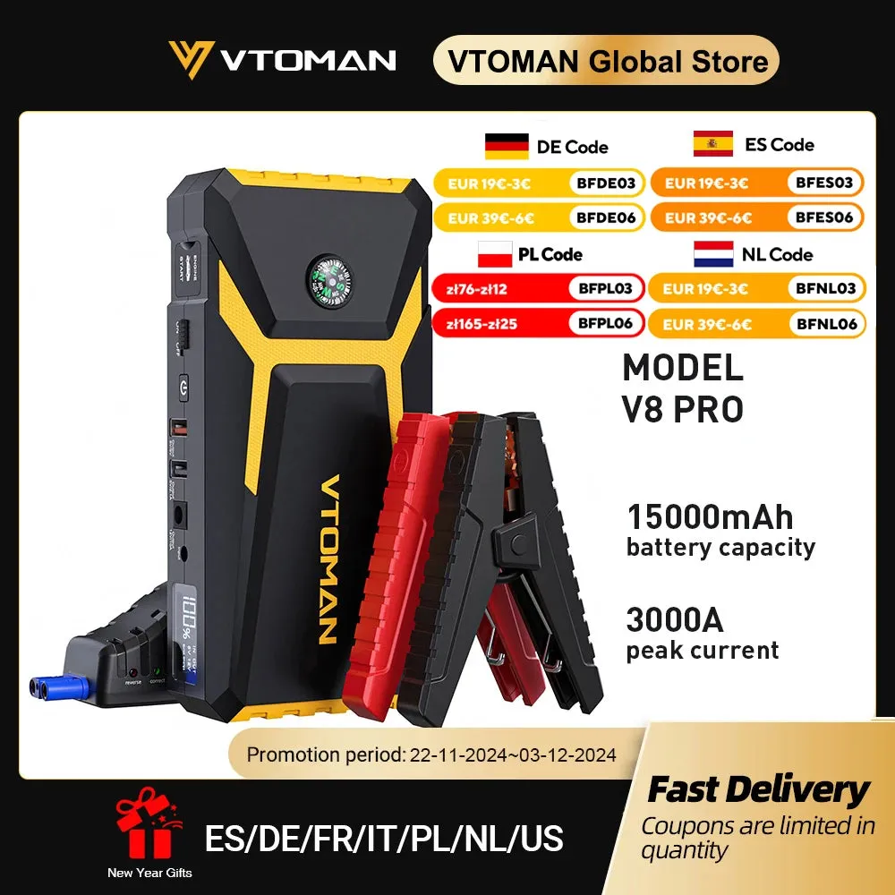 Portable 3000A Car Battery Jump Starter Power Bank with LED Light
