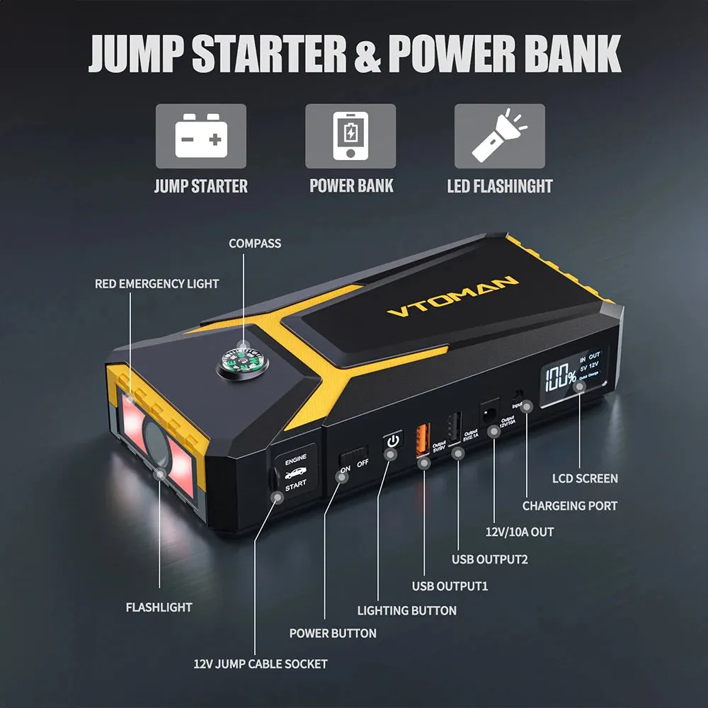 Portable 3000A Car Battery Jump Starter Power Bank with LED Light
