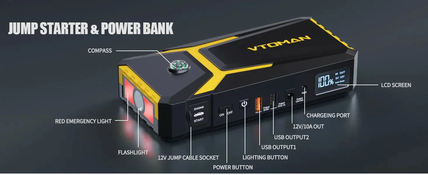 Portable 3000A Car Battery Jump Starter Power Bank with LED Light