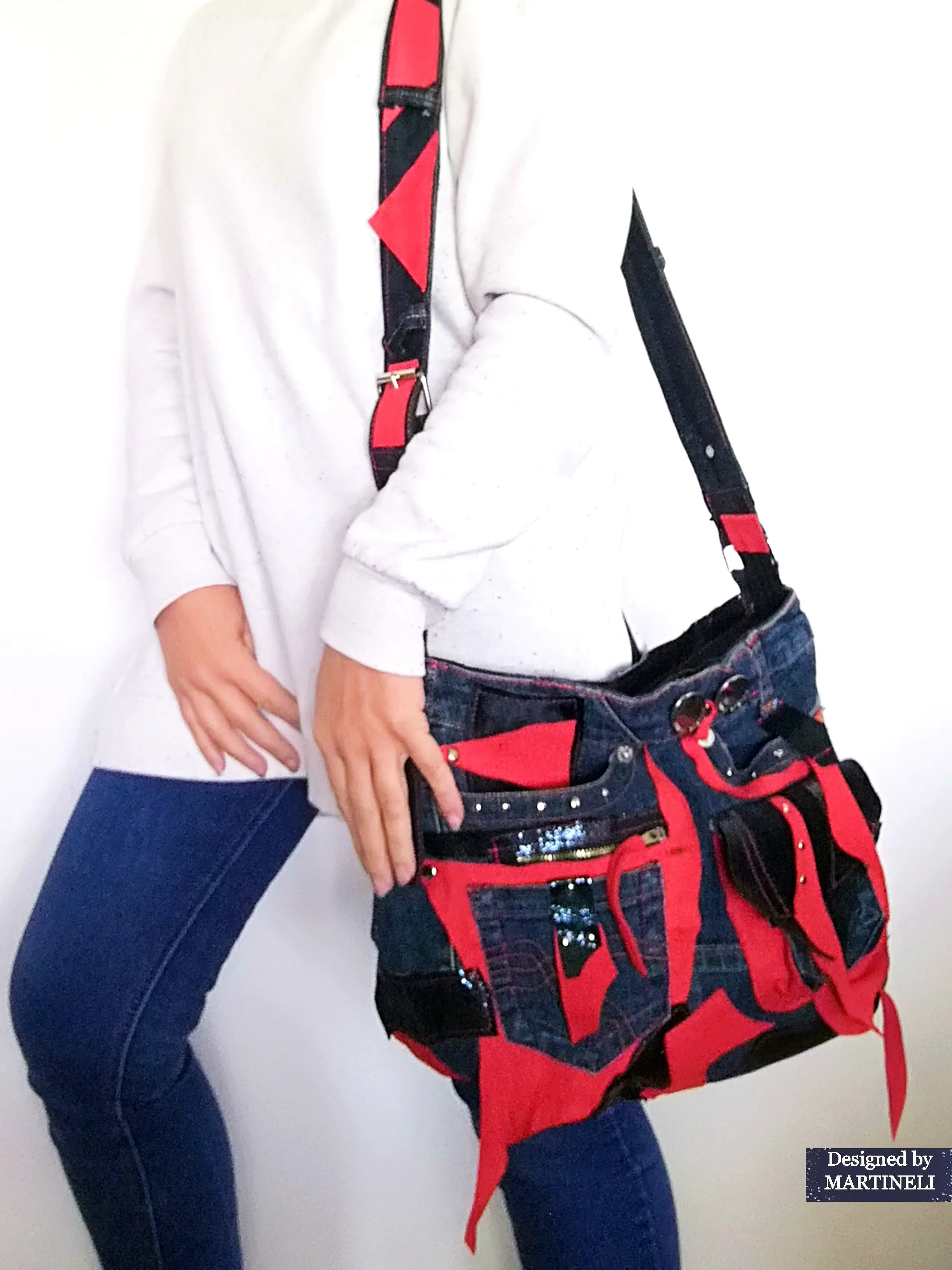 Red High End Leather Messenger Bag Large Leather&Denim Purse Bag