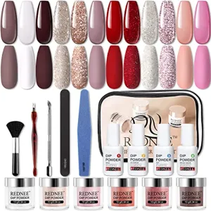 REDNEE Dip Powder 12 Colors Nail Starter Kit with Base Activator and Top Coat 22pcs Gift Set for Nail Art - RE08 Inviting Color
