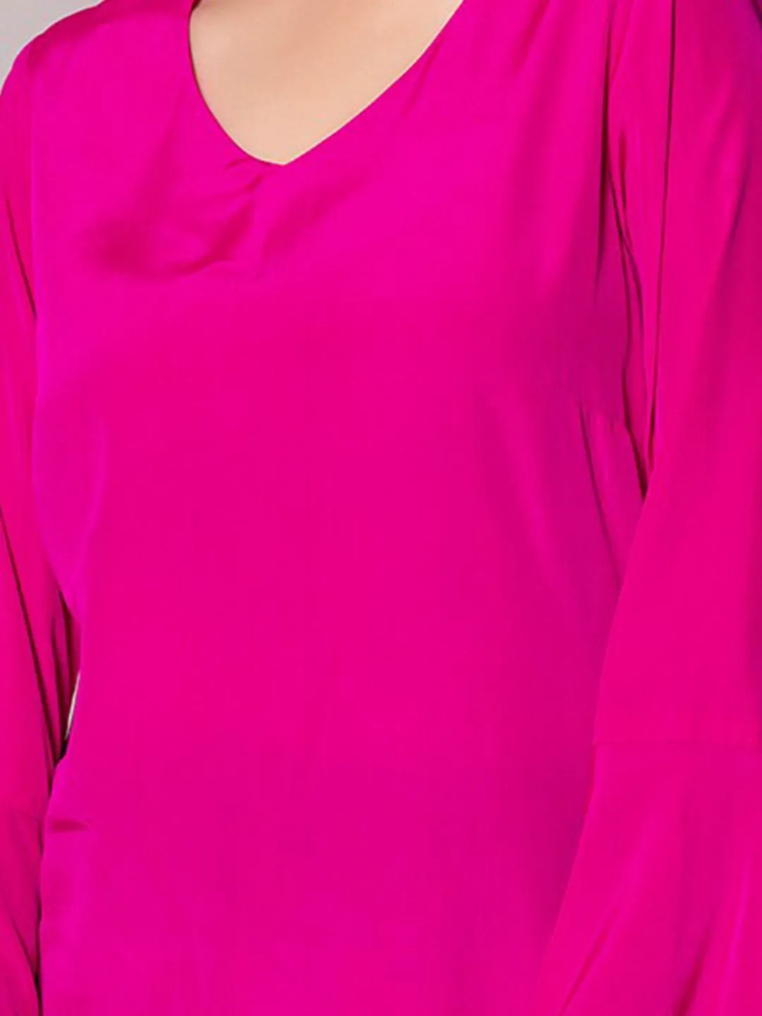 Regular Fit Bell Sleeves Crepe Top- Hot Pink