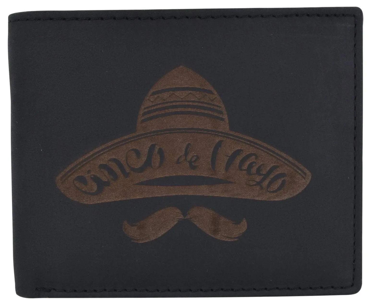 RFID Blocking Mens Genuine Leather Bifold 5 de Mayo Sombrero Logo Wallet